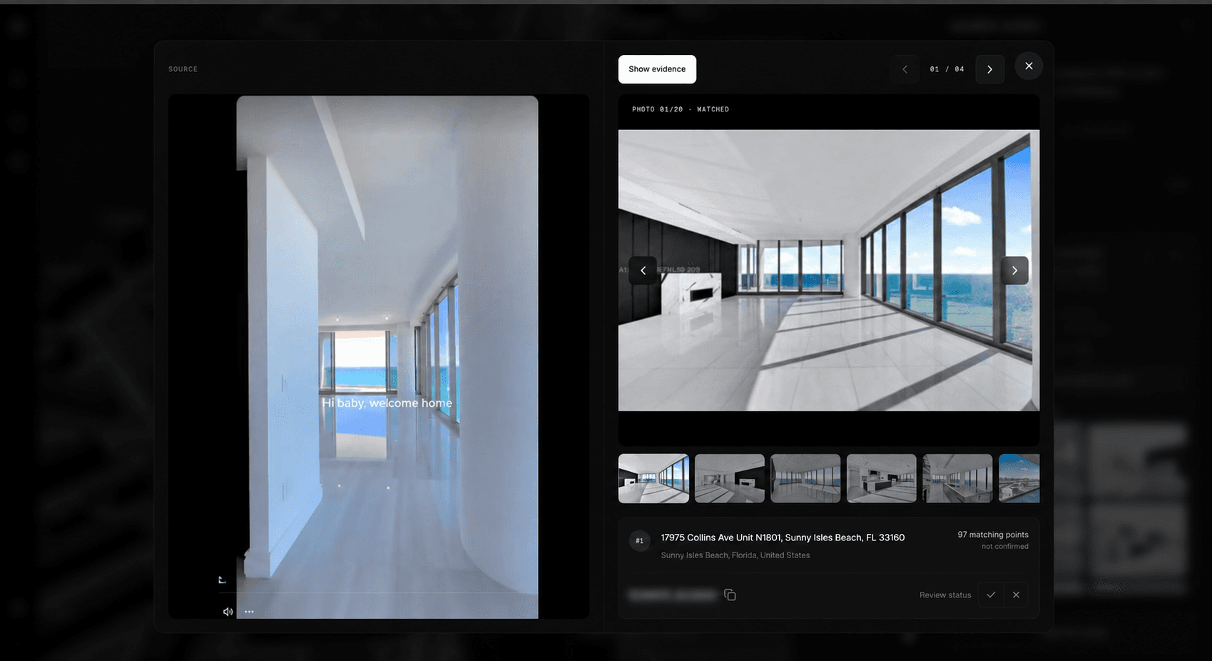 Verify comparing a vertical interior screenshot with a Sunny Isles Beach listing photograph overlooking the ocean