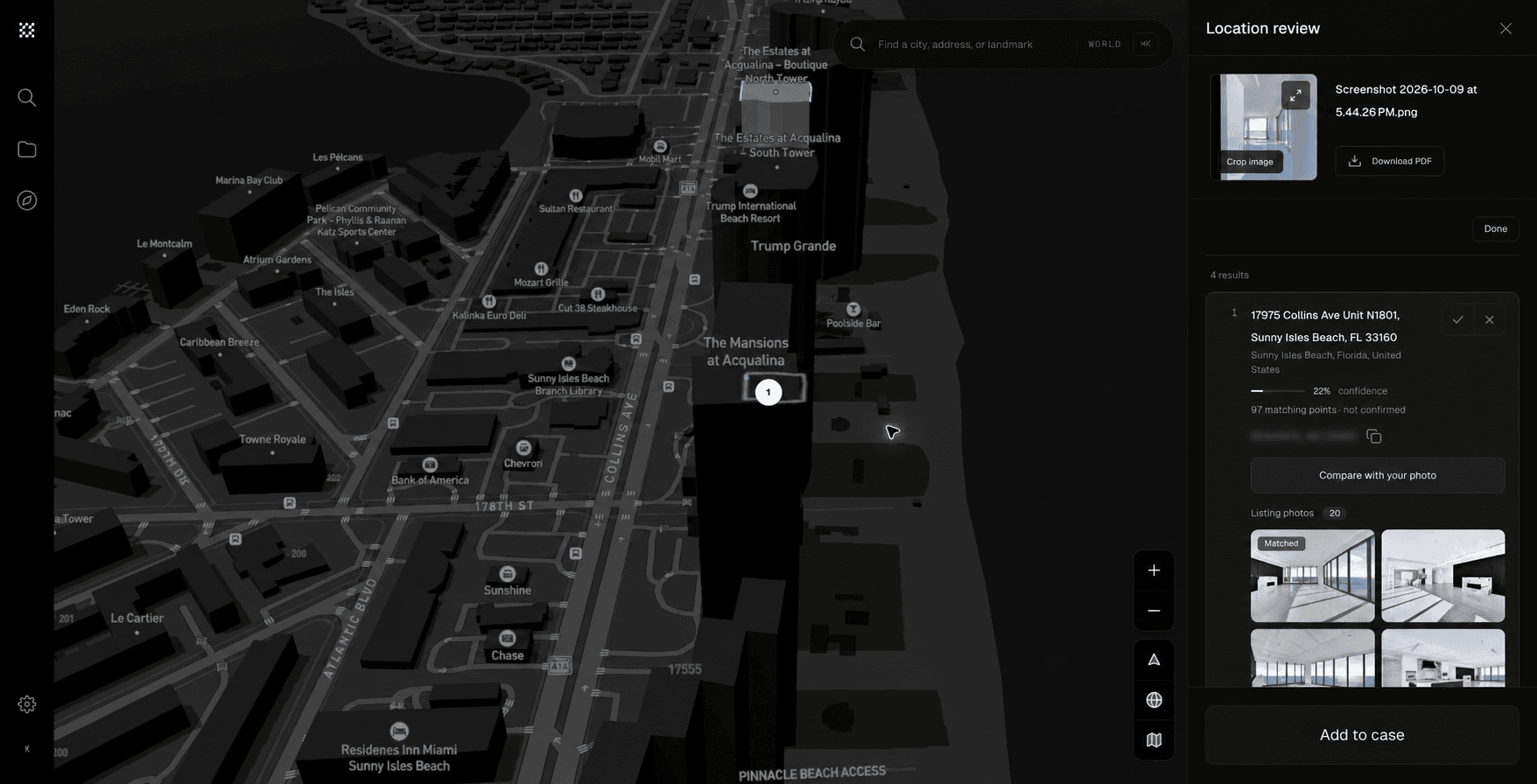 The current Verify result in Workspace, with a Sunny Isles Beach candidate on the map and its listing photo gallery