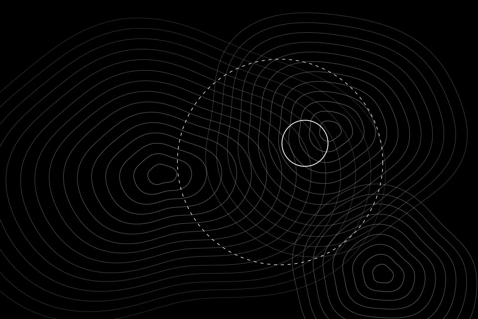 Fine white contour lines on black, with a wide dashed circle marking a search area and a smaller solid circle inside it