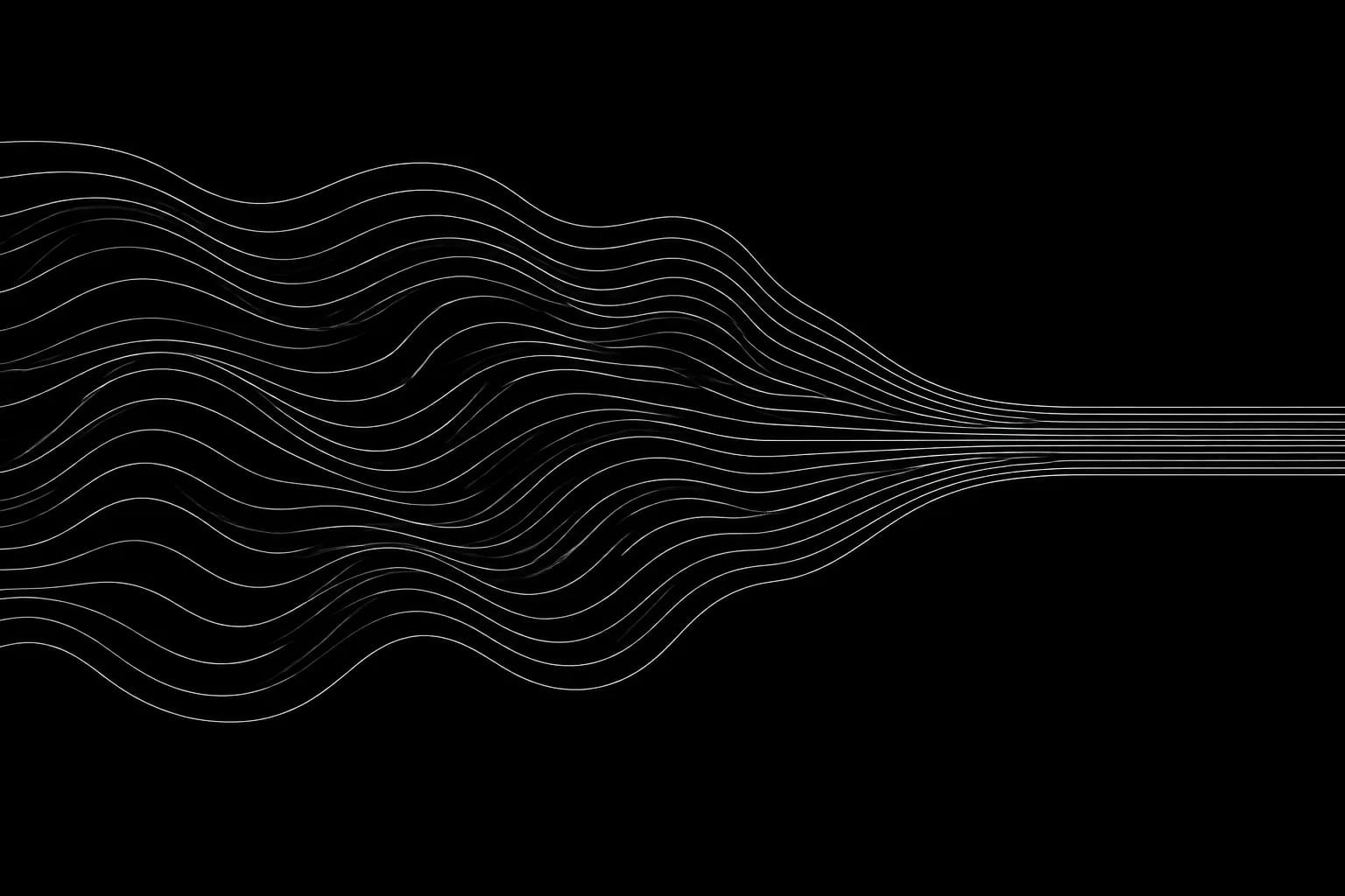 Fine white contour lines on black, flowing in uneven waves from the left and converging into one calm direction on the right