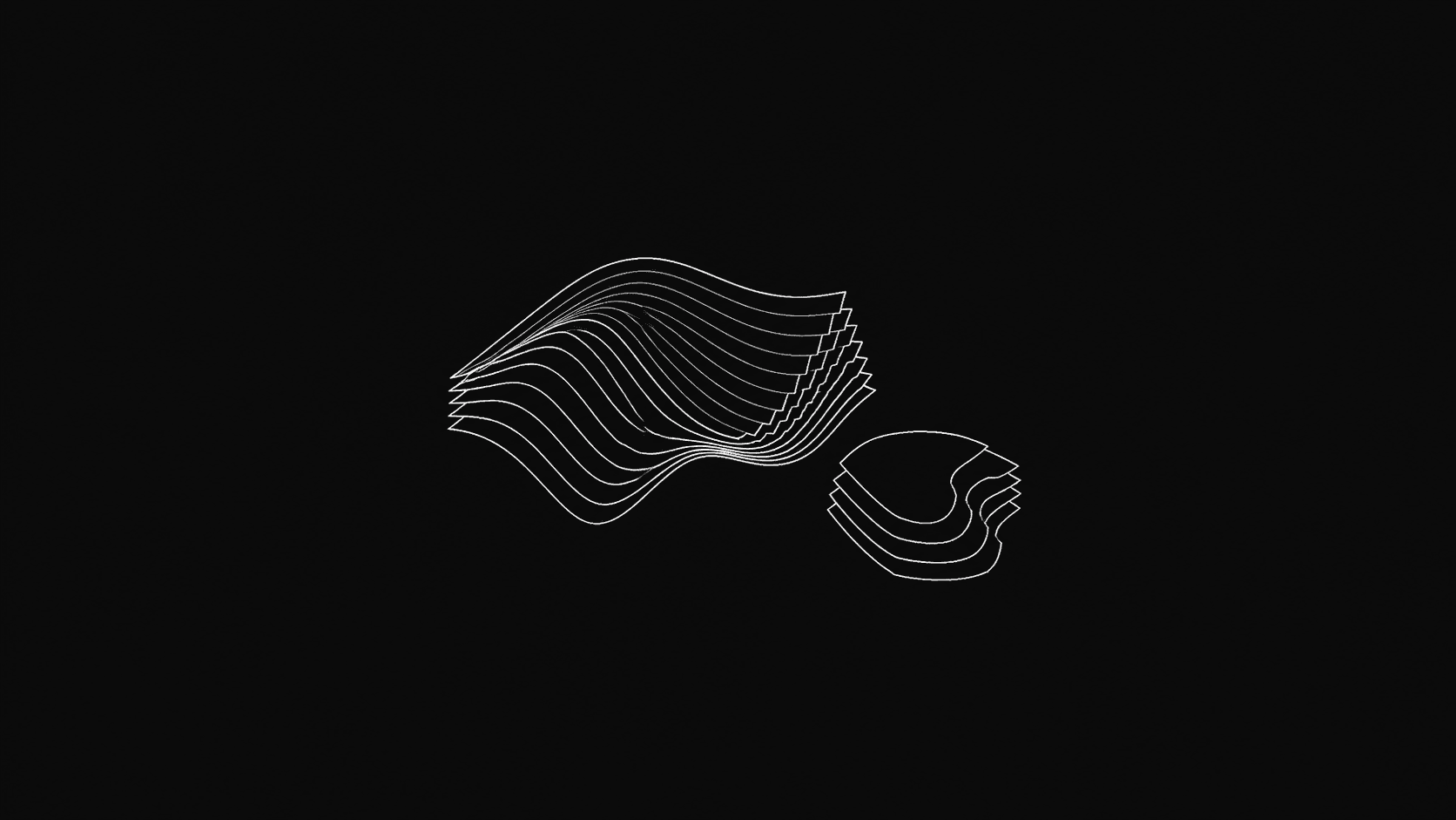 Two separated abstract contour forms drawn in white on black