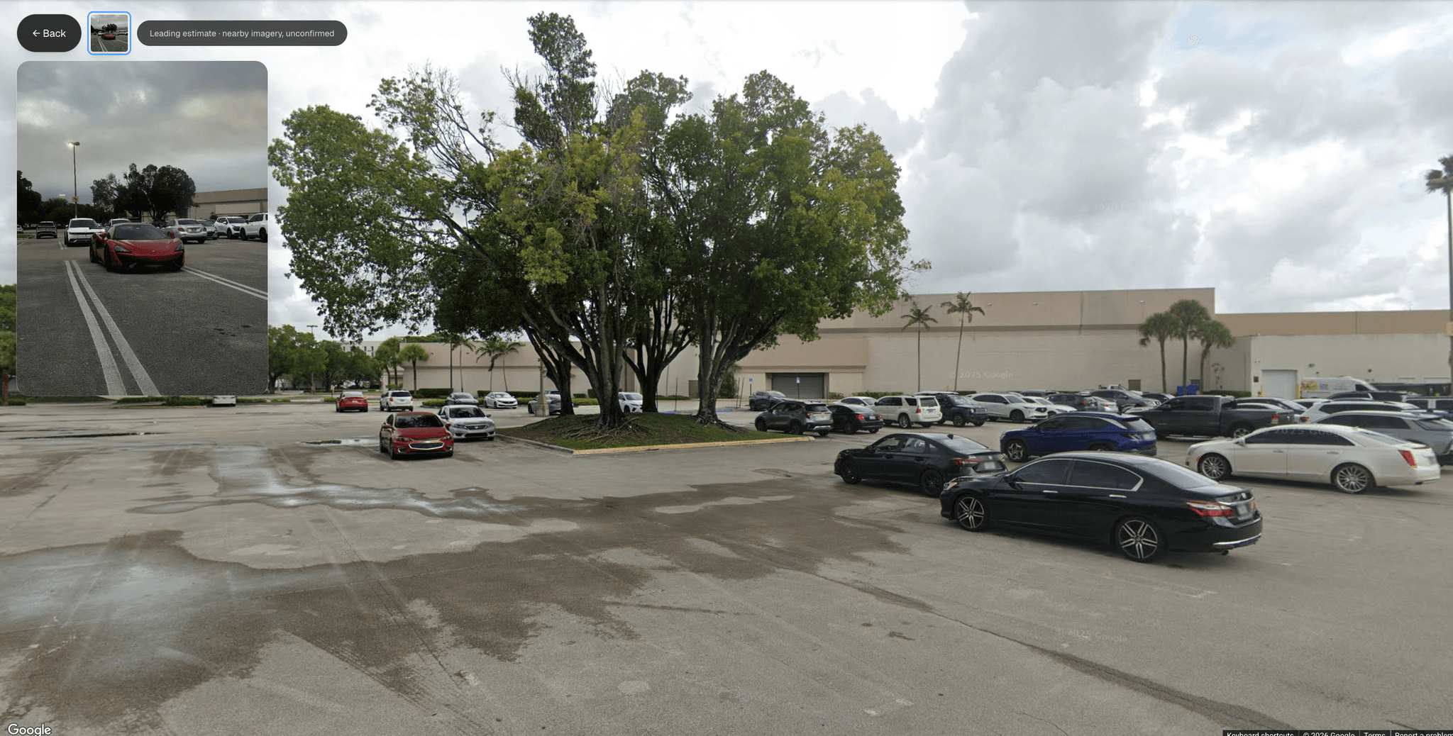 Manta Geo-Estimation showing nearby reference imagery beside the uploaded parking-lot photograph, labeled leading estimate, unconfirmed