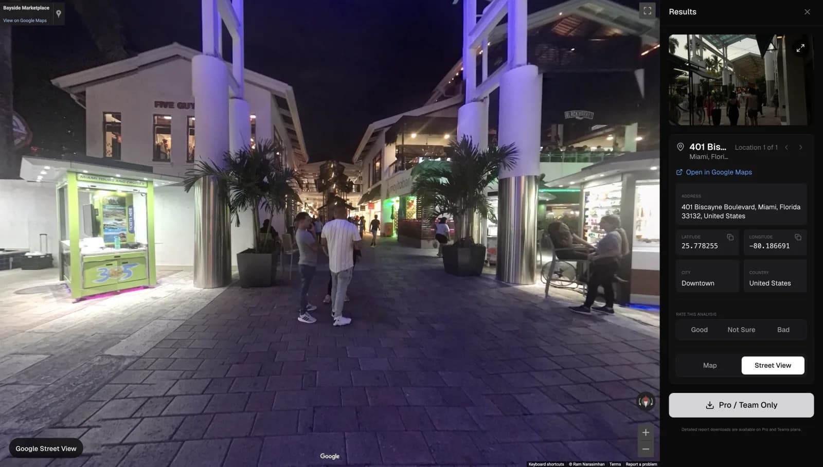 Oceanir Street View verification for Bayside Marketplace with the structured results panel on the right.